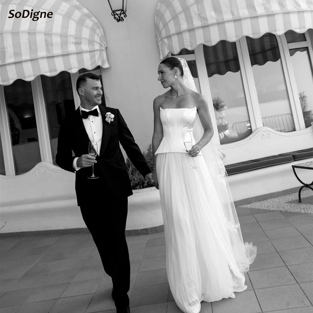 

SoDigne A-line Satin/Tulle Wedding Dress Strapless Sleeveless Bride Dresses Simple 2025 Bridal Gowns Robe De Mairee Customized