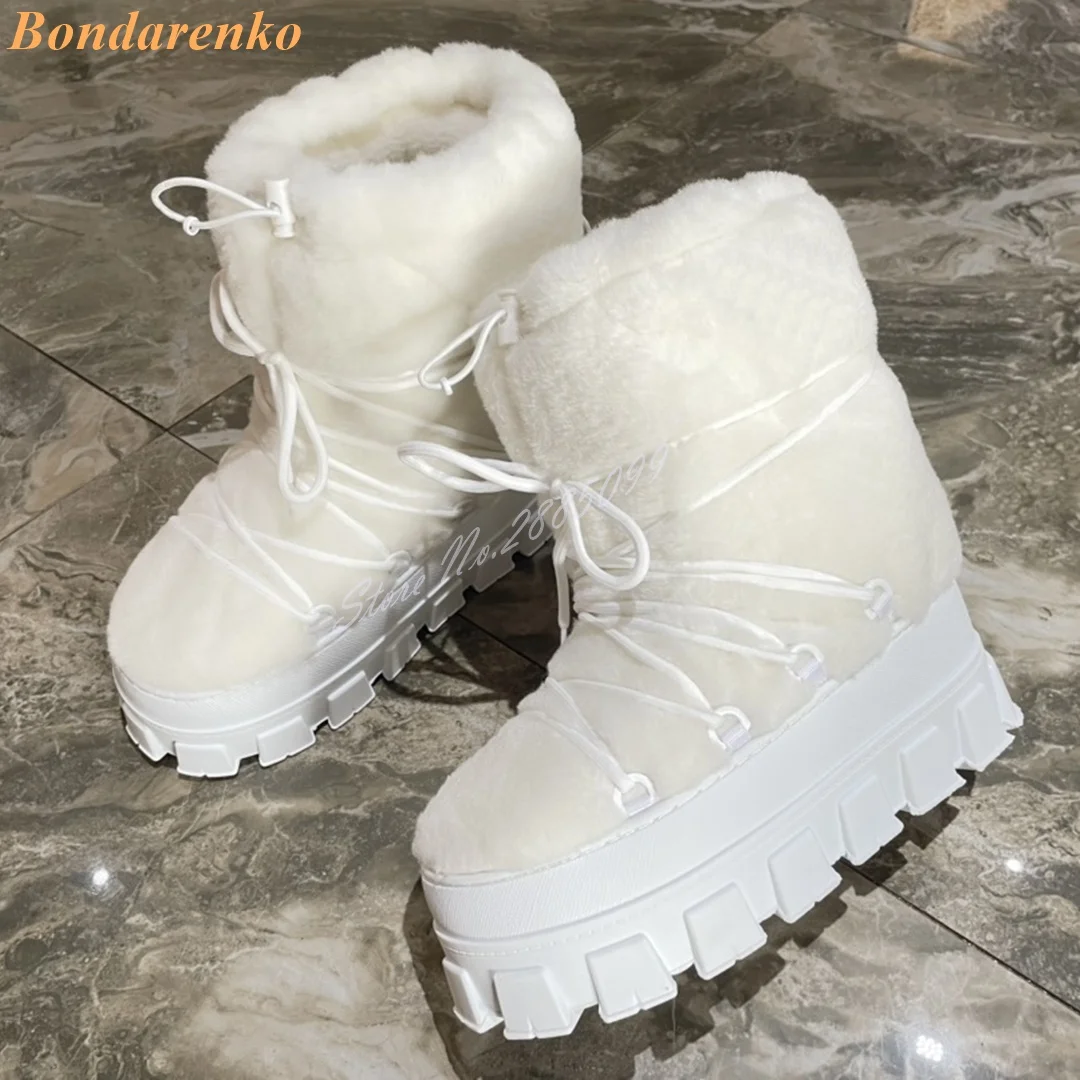 Winter Thick Sole Warm Boots Round Toe Platform Lace Up Elastic Band Solid Short Boots Leather Fur Women Shoes New Style Banquet