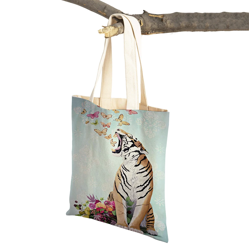 Cute Cartoon Lion Elk Rabbit Dog Panda Leopard Tiger Zebra  Casual Women Shopping Bags Animal Canvas Market Shopper Bag Tote