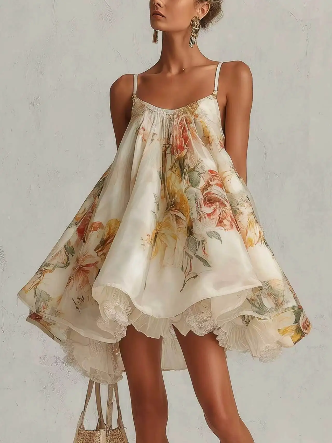 STYLISH LADY French Floral Print Spaghetti Strap Mini Dress Women Loose Swing Ruffled Lace Trim Irregular Hem Vacation Dress