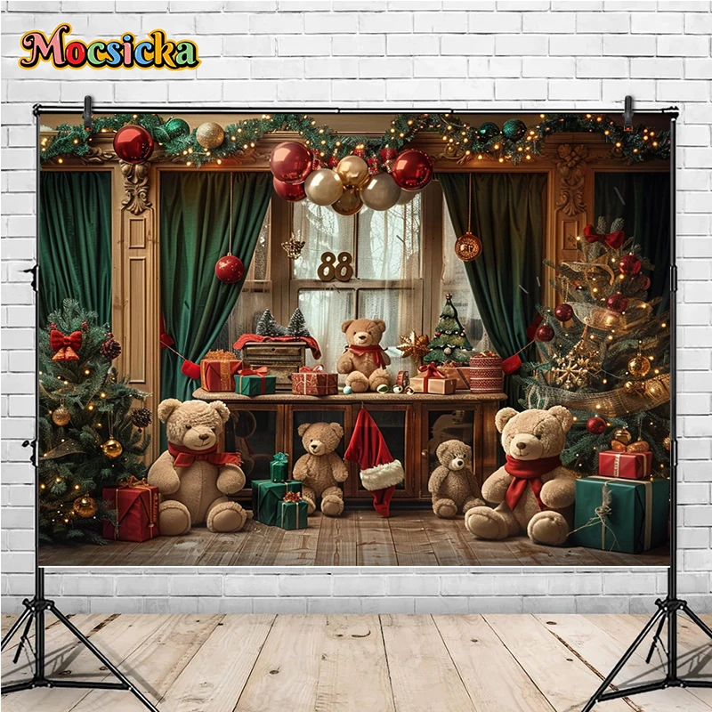 Mocsicka Winter Christmas Photography Backgrounds Teddy Bear Xmas Tree Holiday Party Kids Family Portrait Photo Backdrops Studio