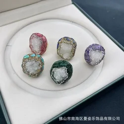 Natural white crystal inlaid rough stone color retention ring natural stone original design wholesale jewelry