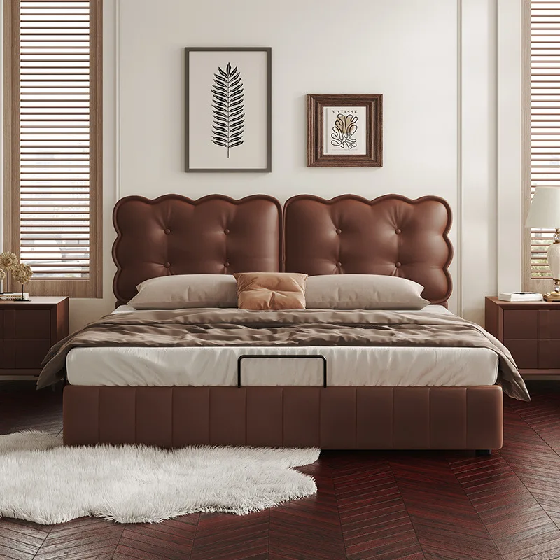 Retro style biscuits leather bed light luxury Italian minimalist bedroom modern minimalist wave soft bag three drawers storage b
