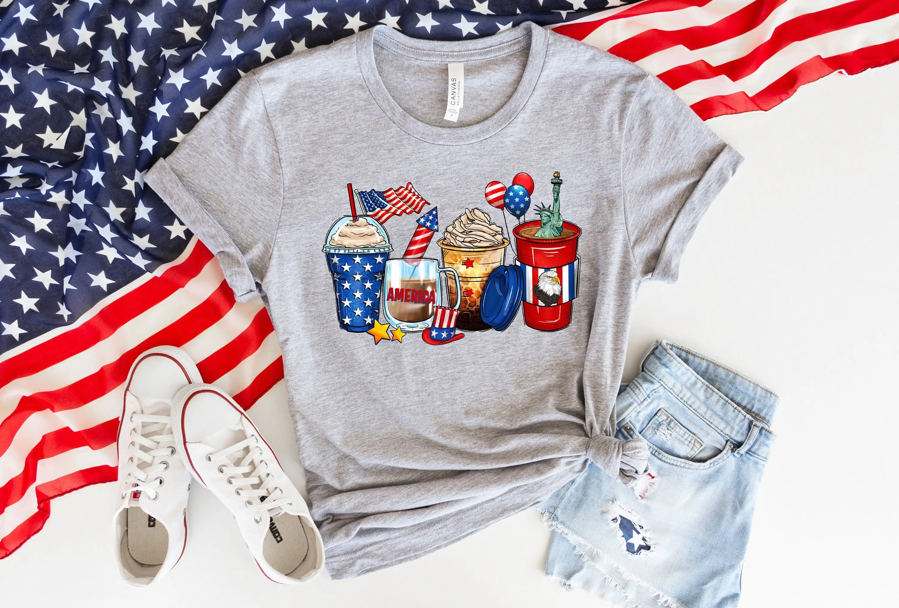 4Th Of July Coffee T Shirt Patriotic Fourth Independence Day Cup Usa Cold Hot Brew Flag