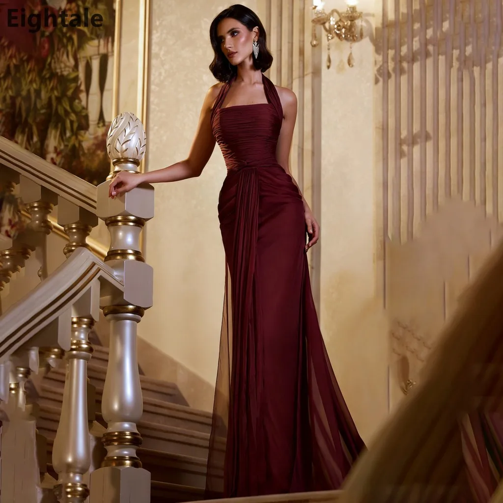 

Eightale 2025 Burgundy Mermaid Silk Maxi Evening Dress Halter Neck Formal Prom Dress Dubai Wedding Party Gown Customized