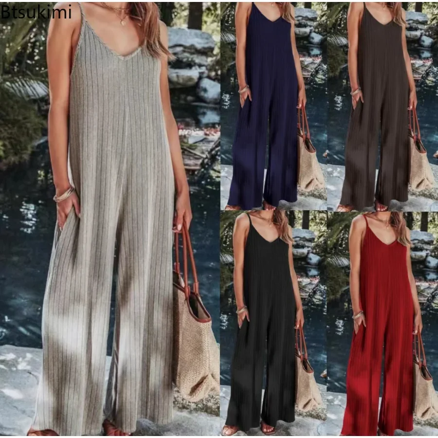 

2023 Women's Sexy Ribbed Knitted Straight Jumpsuit V-neck Spring Summer Casual Strap Rompers Sleeveless Pocket Office Overalls