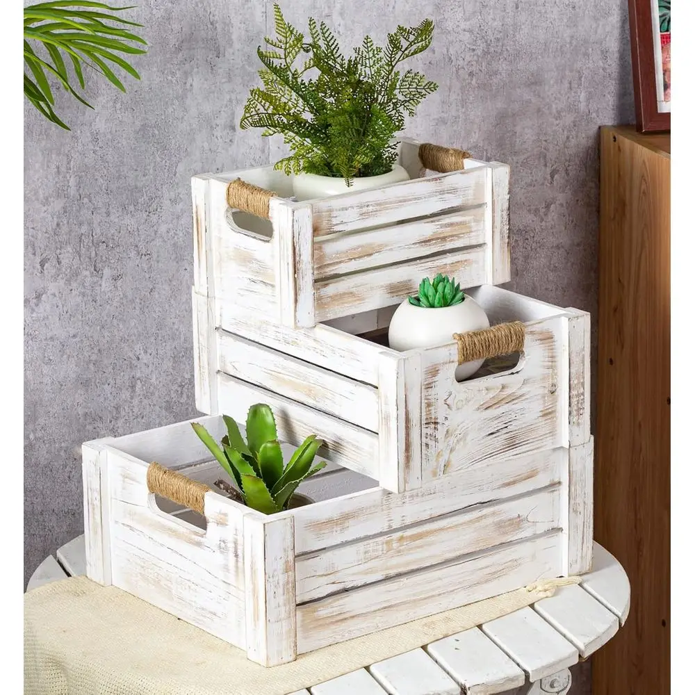 

Whitewashed Farmhouse Style Wooden Nesting Crates Set of 3 with Cutout Handles for Storage and Display
