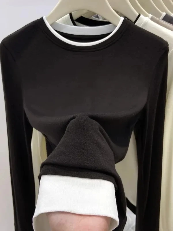 New Self-Heating Long Sleeve round Neck T-Shirt Women's Base Shirt Color Block Autumn Winter Spring Fashion Inner Wear Top