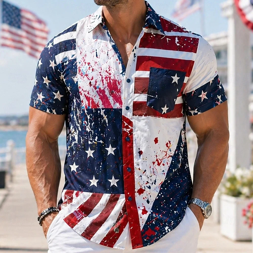 Men's Plus Size American Flag Print Shirt Summer Streetwear Independence Day Lapel Short Sleeve Button-Up Casual Top