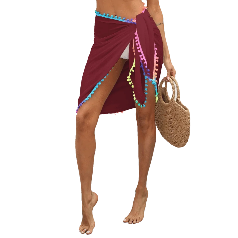 Casual Colorful Pompom Tassel Swimsuit Wrap Skirt Sheer Mesh Chiffon Skirt Bikini Cover Irregular Design Swimsuit Sarong Women