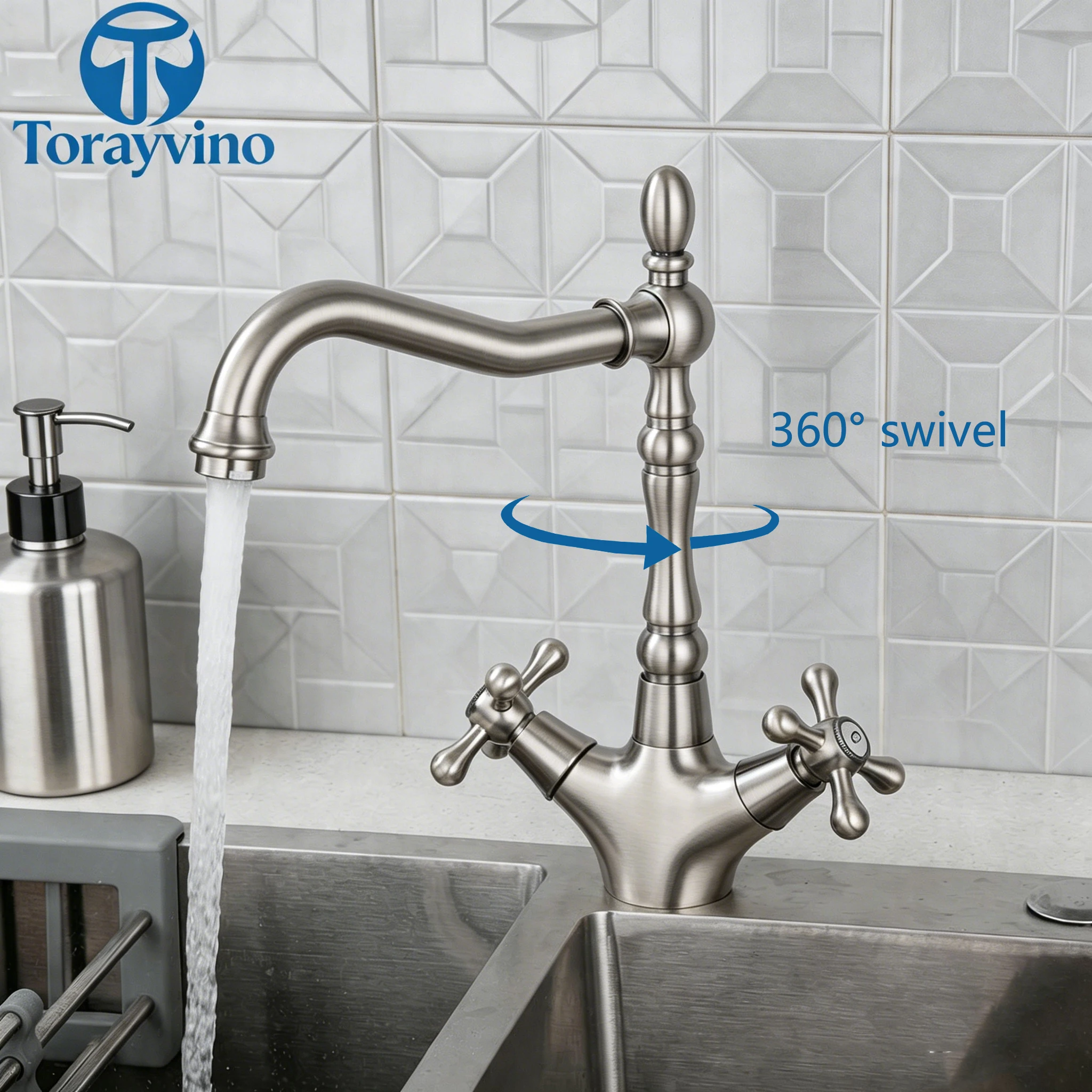 Torayvino Kitchen Sink Faucet Polish Antique Double Cross Handle Mixer 360° Swivel Spout Bathroom Faucets Tap Hot and Cold Water