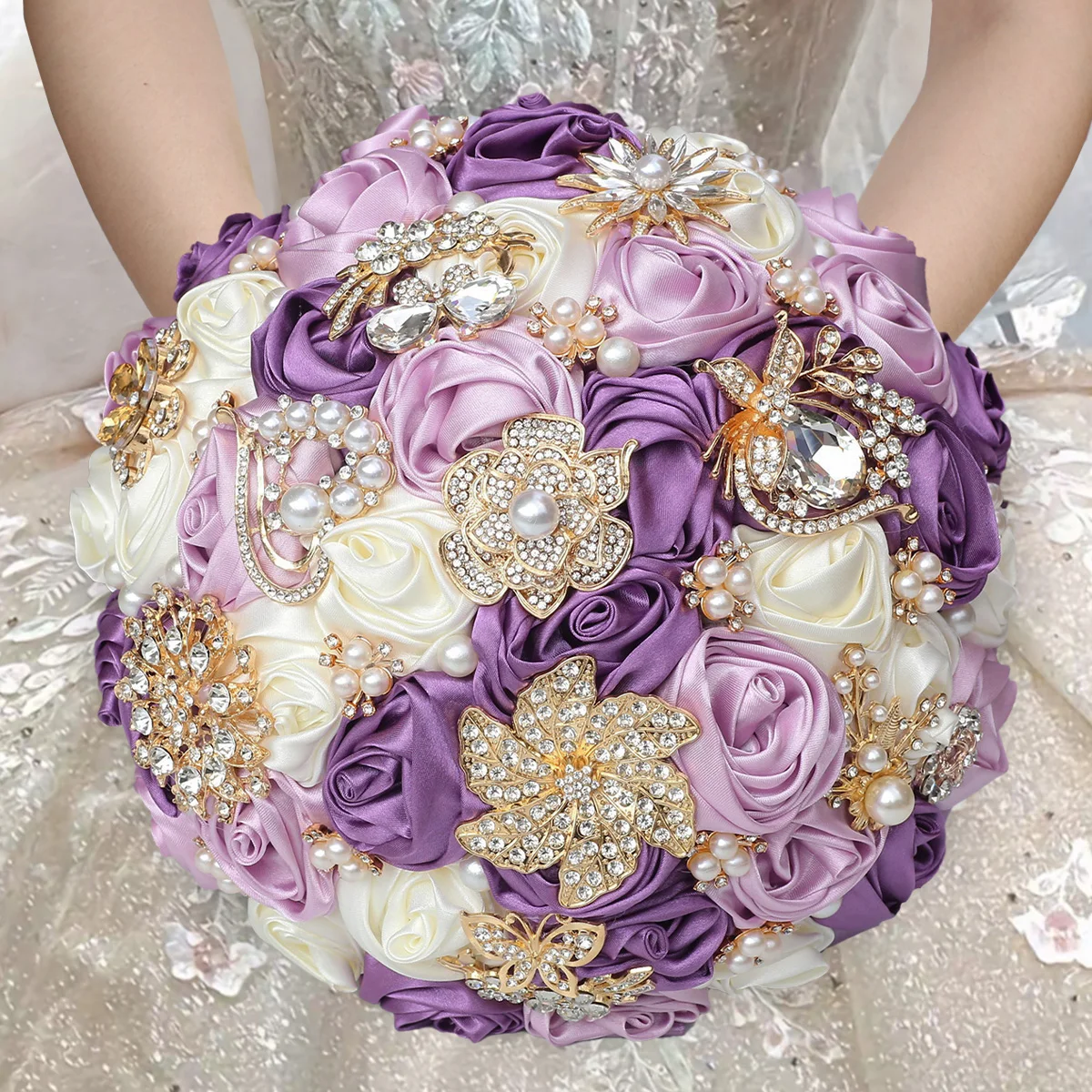 Diy Bridal Gold Diamond Wedding Bouquet Fresh Wedding Silk Roses Bridal Eternal Bouquet Wedding Chapel decoration supply W913B-1