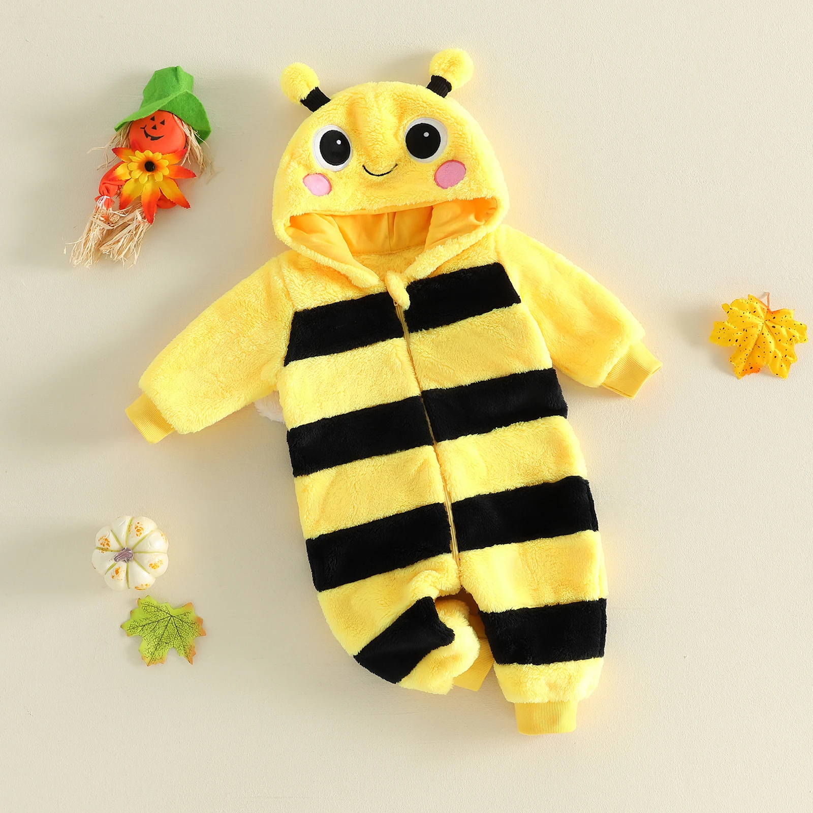 0-18Months Baby Animal Jumpsuit with Hood Soft Warm Flannel Long Sleeve Romper Cartoon Bee Costume for Infant Boys Girls