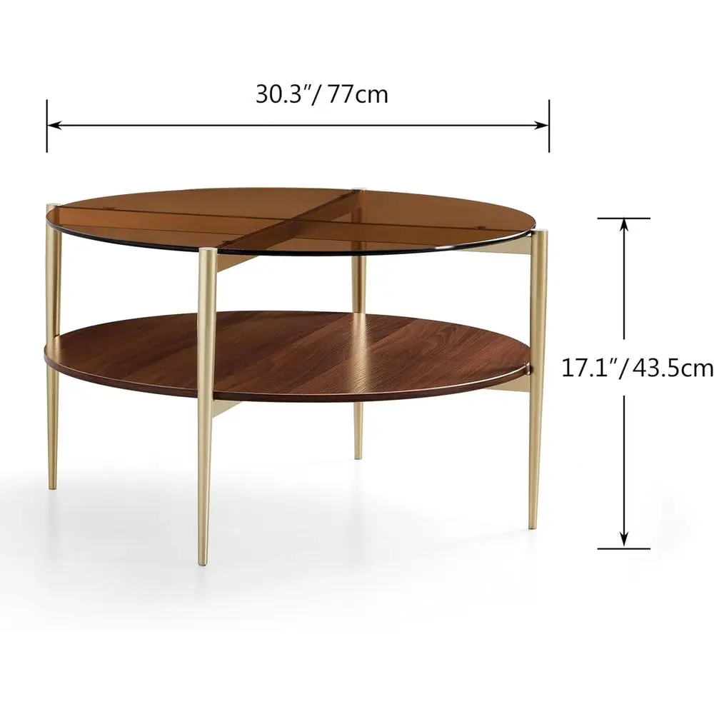 طاولة القهوة الحديثة في منتصف القرن، سطح القهوة والزجاج البني والجوز MDF، أرجل وإطار ذهبي #2