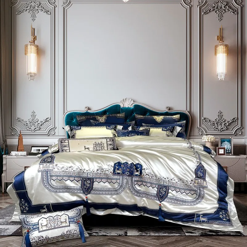 Imagem -02 - Roupa de Cama Bordado Luxo com Borlas Decorador Chic Estofados Cama Qualidade Azul e Prata Patchwork Duvet Cover Folha Colcha Fronha