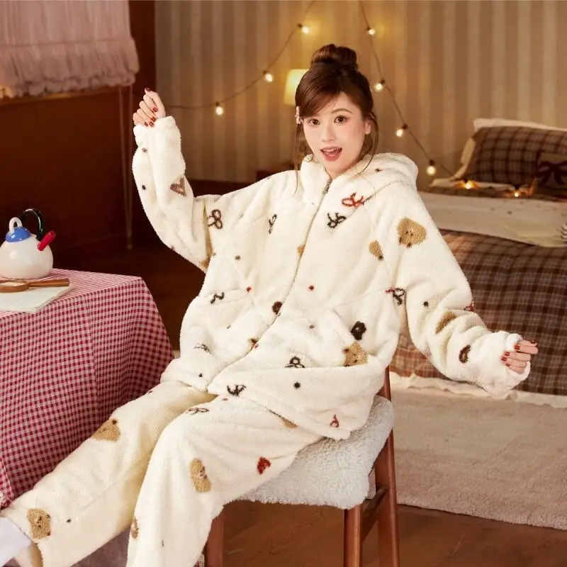 

Women's Pajama Set Thick Warm Hooded Home Clothes Outside Autumn Winter Sets Cute Cartoon New Coral Fleece Comfortable Sleepwear