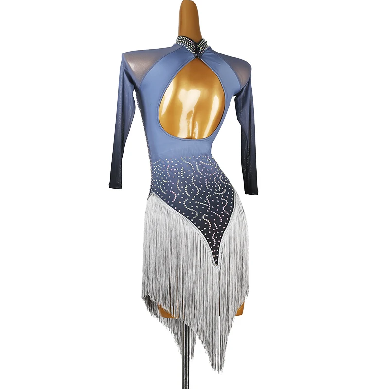 새로운 라틴 댄스 의상 라인 석 여성 의류 맞춤 로즈 레드 다이아몬드 술 그라디언트 색상 삼바 공연 드레스 507