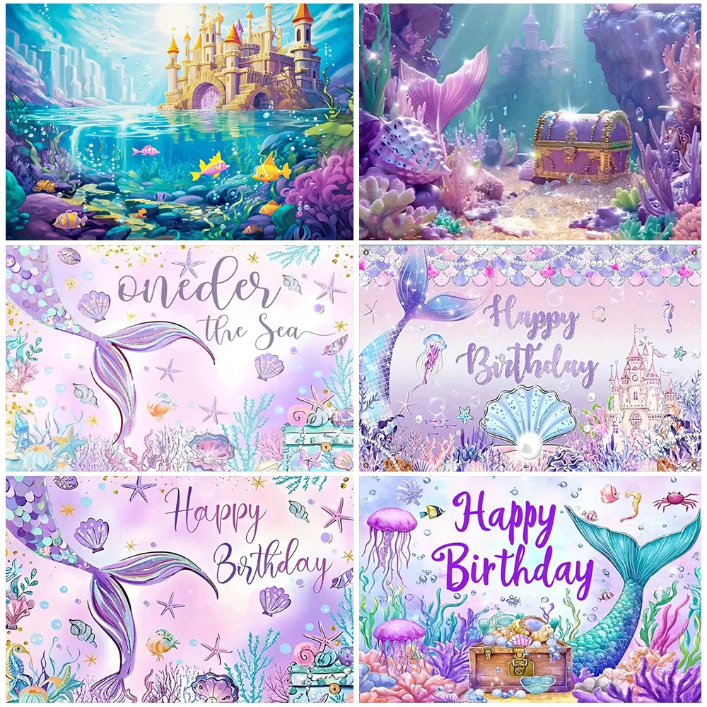 

Cartoon Cute Underwater Mermaid Girl Birthday Backdrop Party Decoration Mermaid Tail Ocean Castle Treasure Photo Background Prop