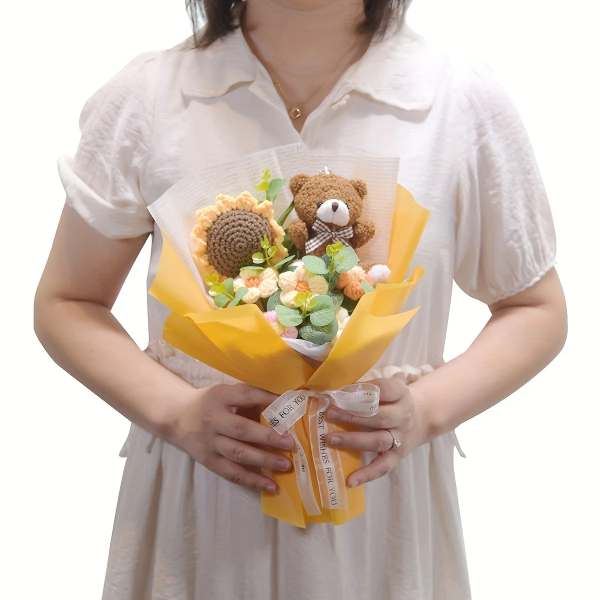 

Вязаный крючком букет цветов ручной работы, дизайн подсолнечника, ромашки и медведя, идеально подходит для Дня матери, День святого Валентина,