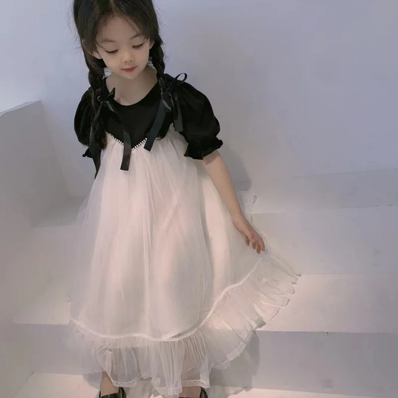 Girls' dress with pearl mesh and lace-up design, princess dress26New summer children's clothing wholesale3-8Years Old