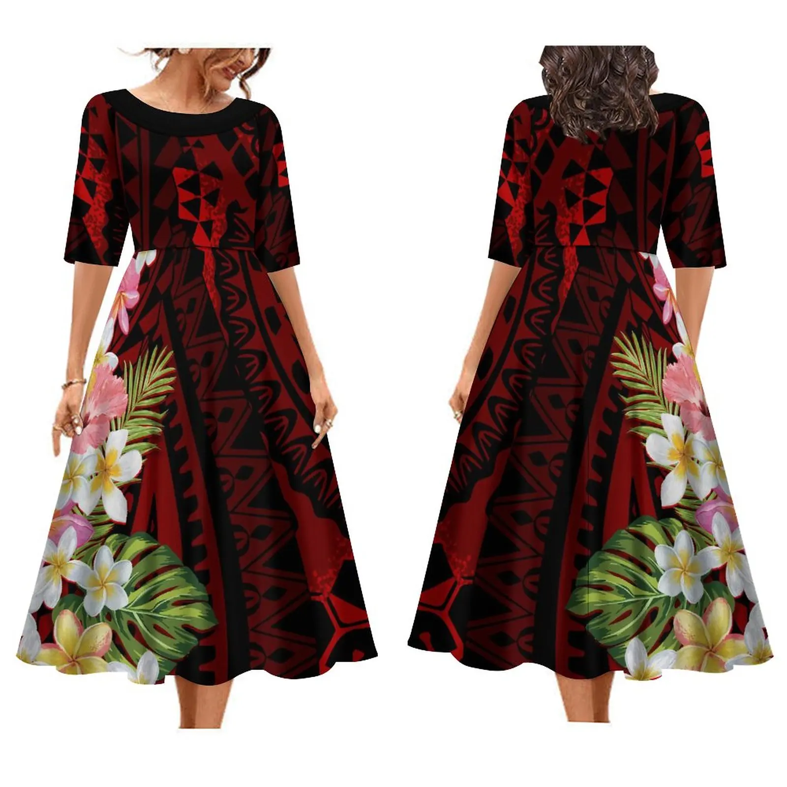 Women\'s Dress Custom Polynesian Style Long Skirt Crew-Neck Skirt Dress Summer Short Sleeve Quality Fabric Dress