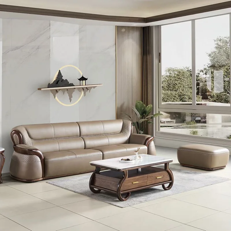 new Chinese straight row three-person solid wood high-end large living room villa simple first layer cowhide