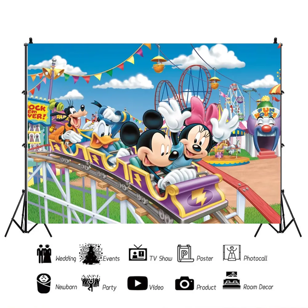 Cartoon Mickey Minnie Mouse Donald Duck Theme Kids Birthday Party Amusement Park Background Photography Decor Baby Shower Banner