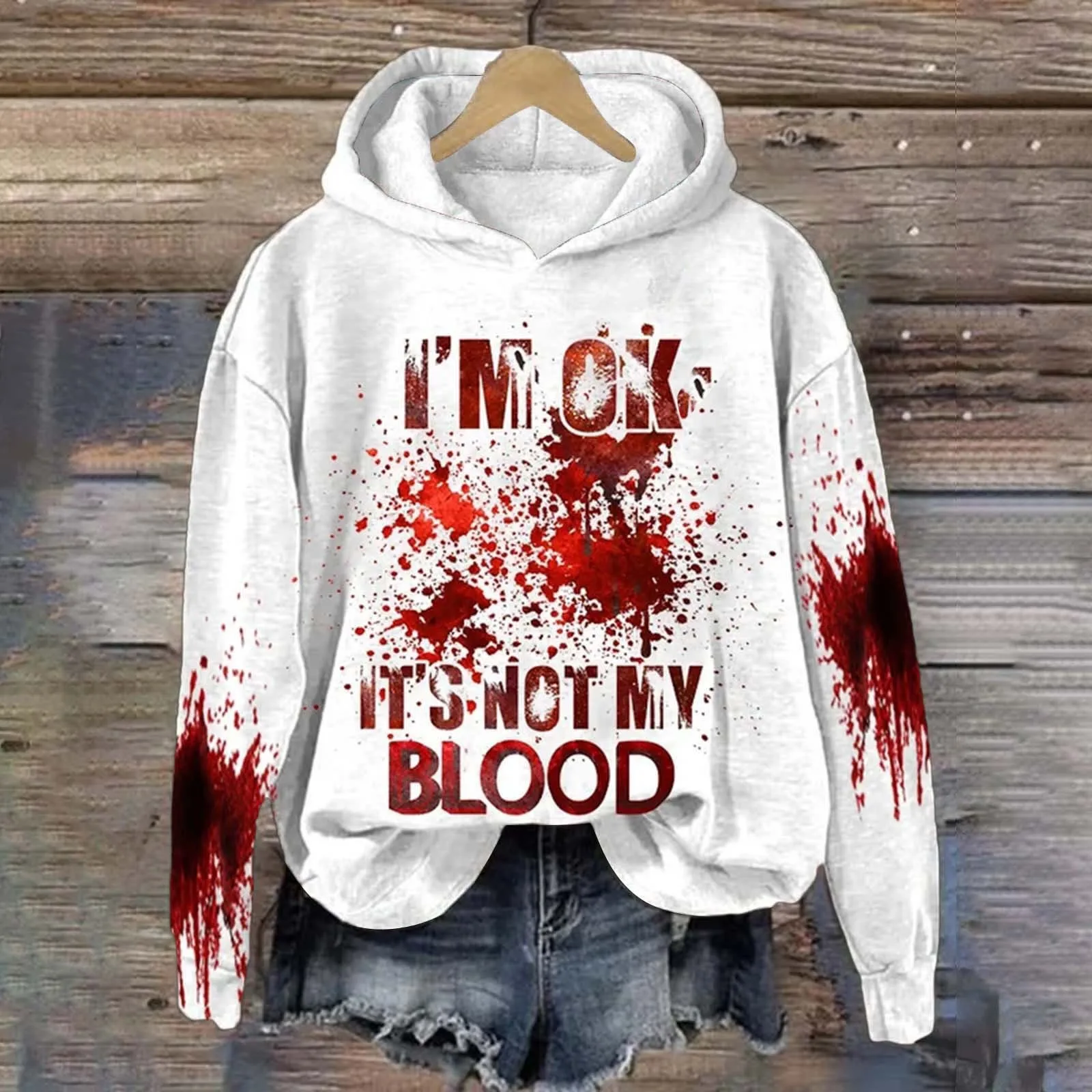 

Women'S Halloween Costumes I Am Ok Bloody Font Festive Party Hoodies Loose Hooded Long Sleeved Y2k Clothes Stitch Sweatshirts