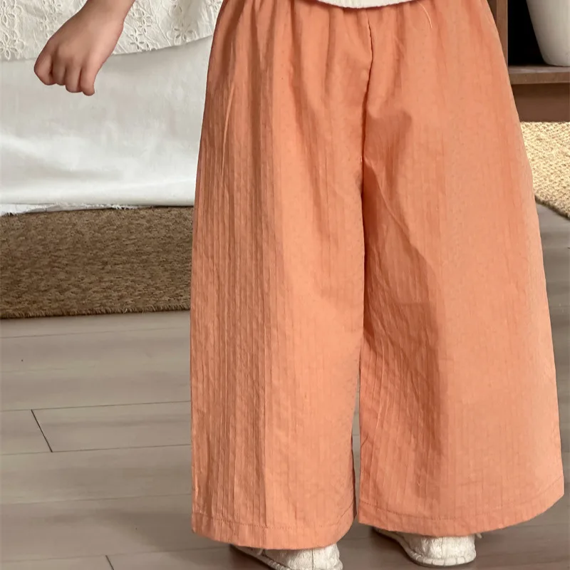 Korean 2026 Spring Summer New Solid Children Jacquard Straight Leg Pants for Girls Bright Color Elastic Waisted Cotton Pants