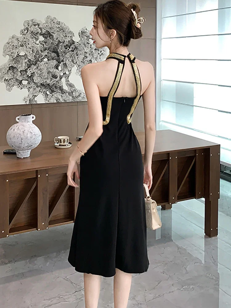 2025 schwarz Patchwork Diamanten Backless Sexy Neck-montiert Kleid Frauen Elegante Luxus Lange Kleid Kleid Sommer Koreanische, Figurbetontes Kleid