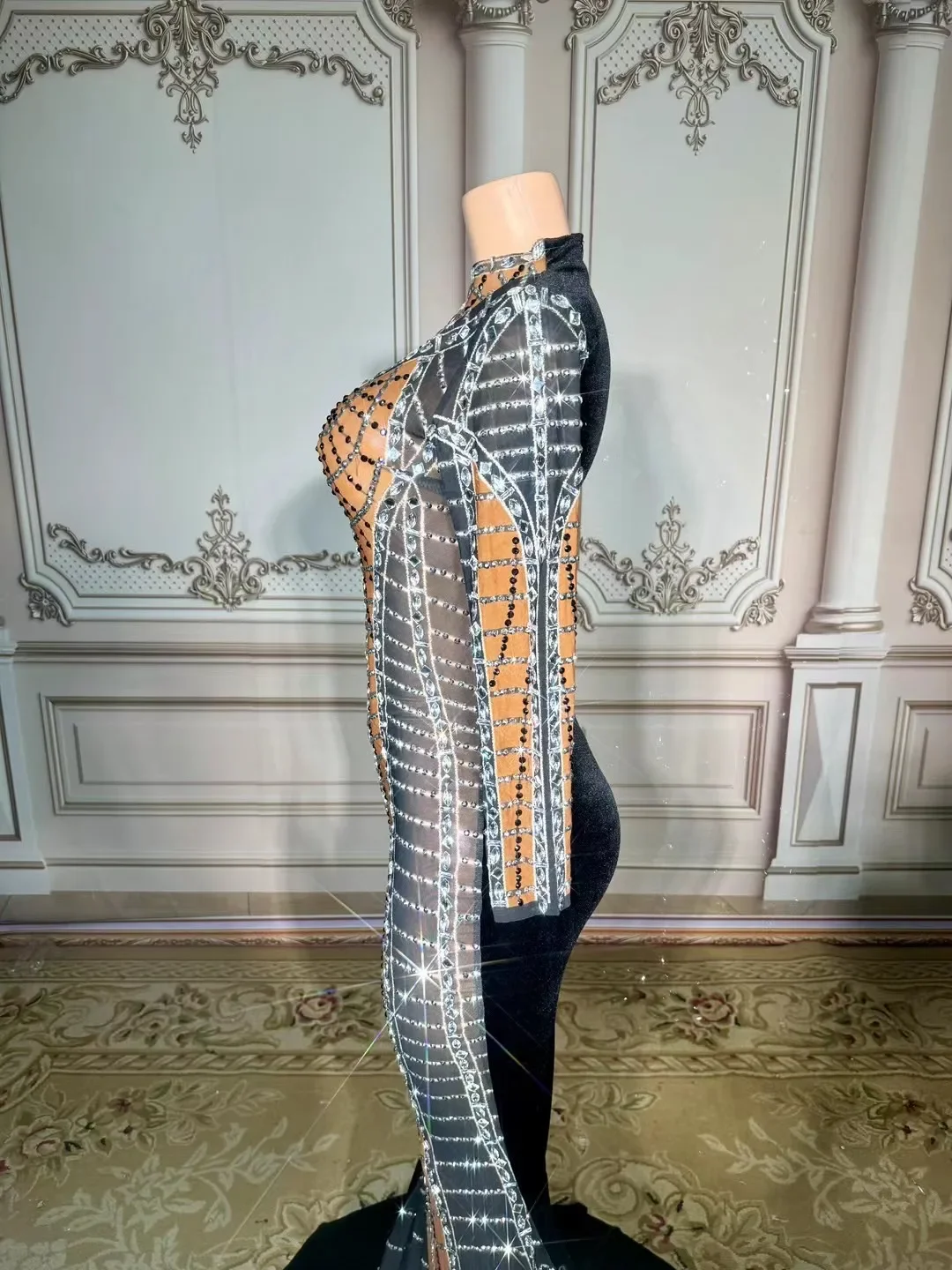 생일 원피스 투명 메쉬 슬림 긴팔 패션 블랙 벨벳 롱 원피스 나이트바 클럽 파티 디너 웨어, 무대 코스튬