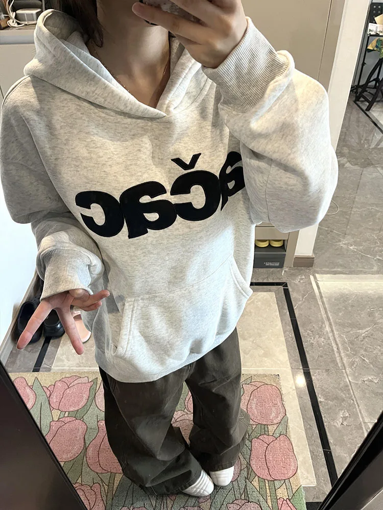 Retro American Letter Patchwork Stickerei Hoodie Damen Herbst Winter Thiened Loose Paar Trendy Oberbekleidung