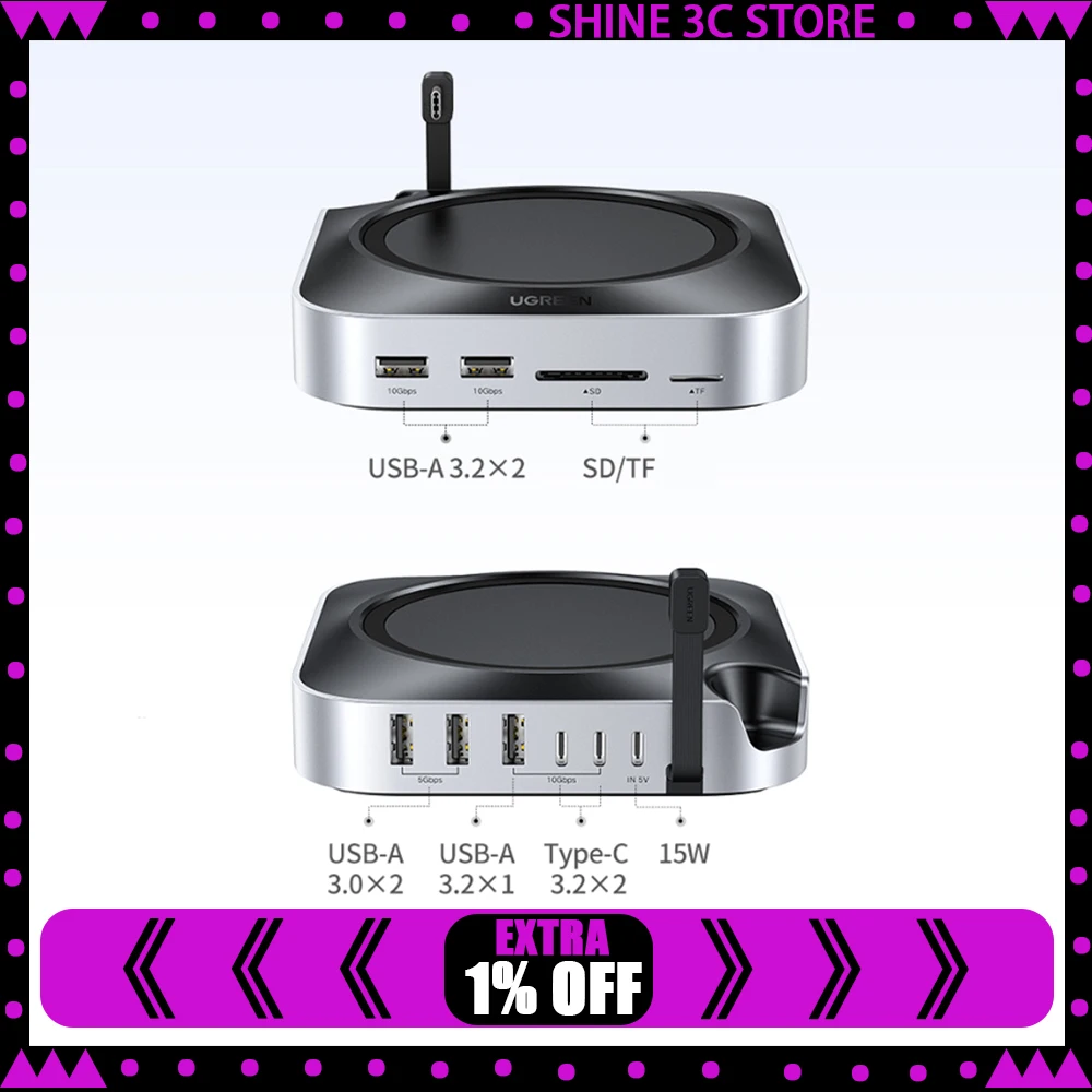 

UGREEN для Mac Mini M4/M4 Pro USB-концентратор Док-станция M.2 NVMe SSD 10 Гбит/с 8 ТБ Макс. 170 МБ/с USB-разветвитель Док-станция USB-A&C Порты SD&TF