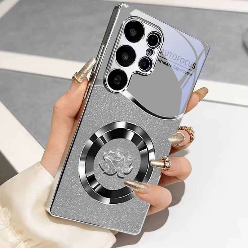Lotus Grey Texture Electroplat Silver Phone Case For Samsung A31 A51 A71 A12 A22 A32 A42 A52 A06 A16 A17 A37 A33 A57 Glass Cover