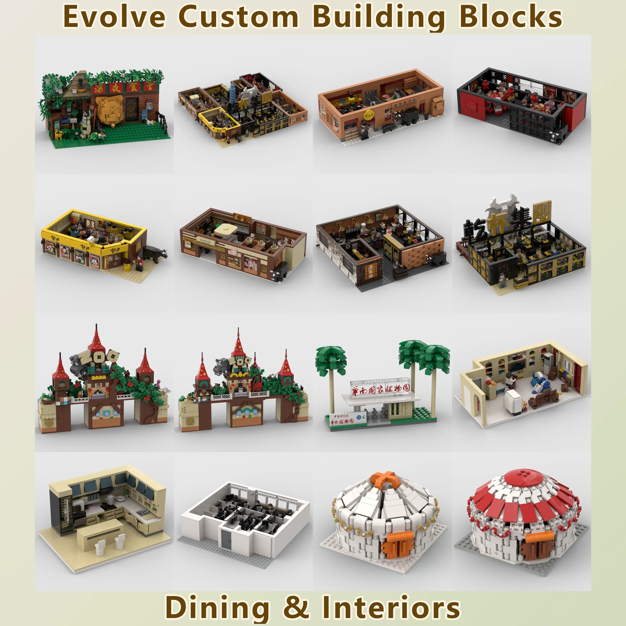 Custom Building Blocks Mosque Pagoda Temple Office Factory Tower Crane Warehouse Bridge Restaurant Stadium Hospital Cinema Hall