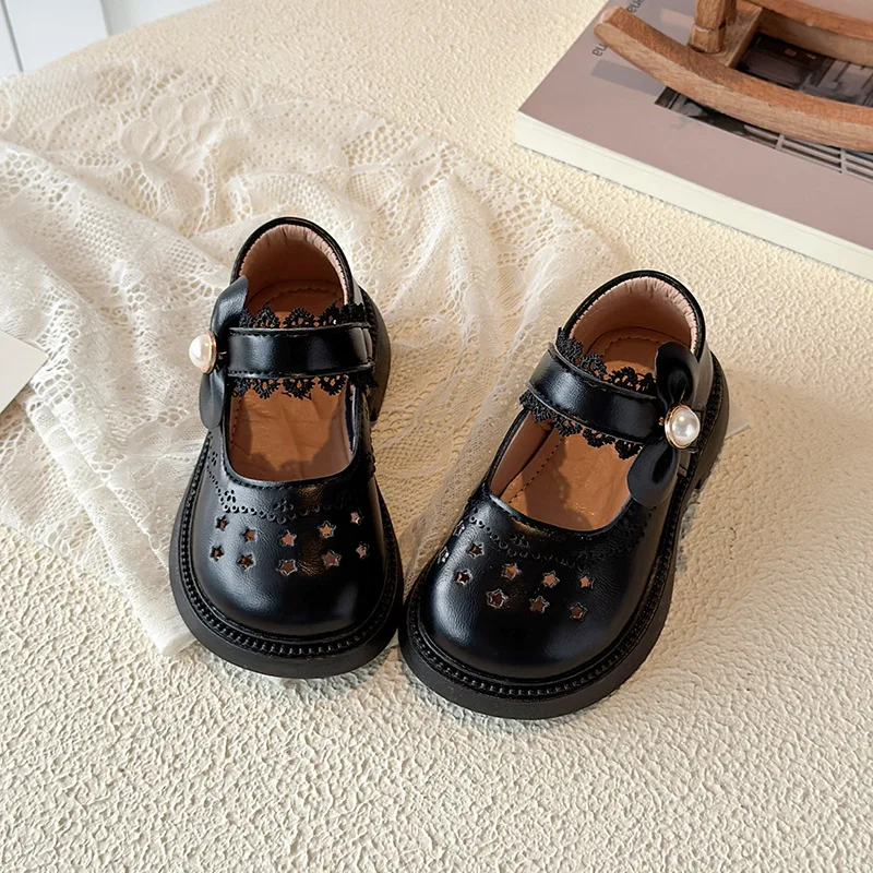 Girls Lace Mary Jane Shoes with Bow-knot Kids Performance Leather Shoes for Party Wedding Children Princess Hollow Out Shoes
