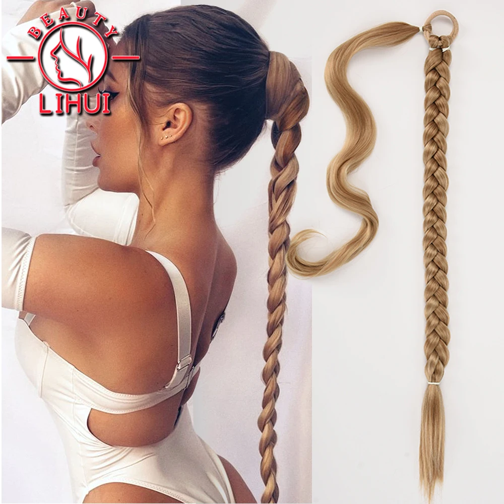 Synthetic Long Braided Ponytail Hairpiece  Kinky Straight Ponytail for Women Dark brown Ponytail Hair Extension 34 inch lihui