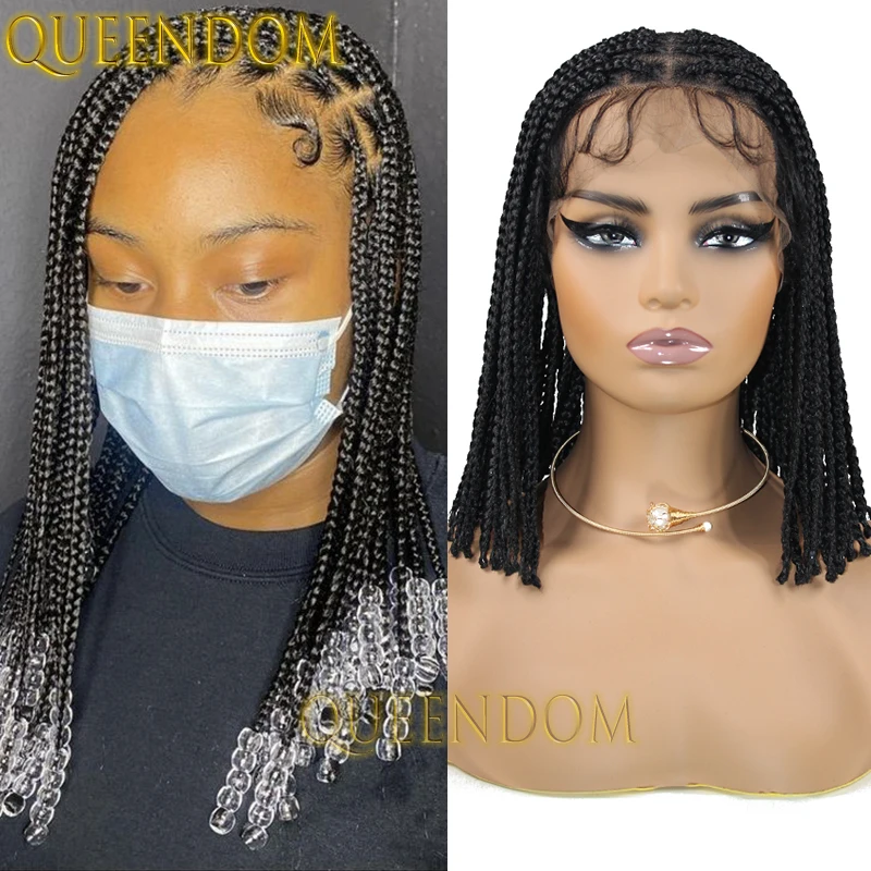 

Queendom Synthetic Silky Dreadlock Braids Wigs Full Lace 10'' Short Bob Crochet Braided Wig Knotless Box Braid Cornrow Plait Wig