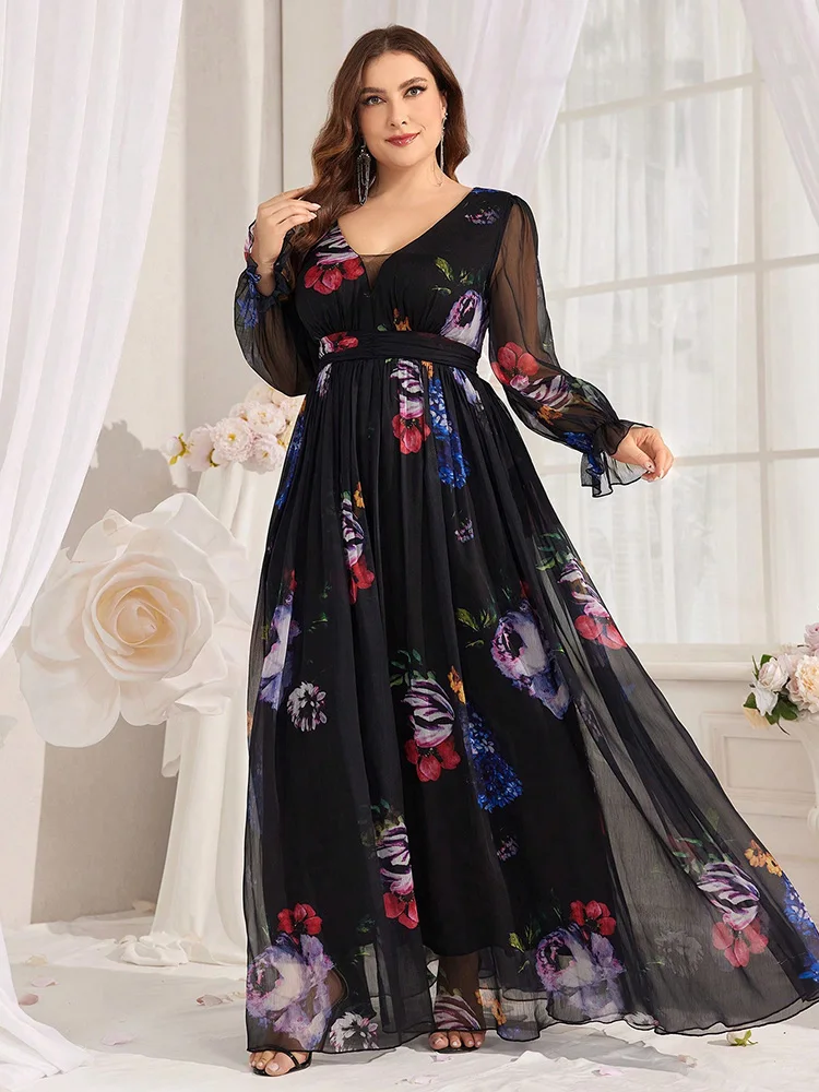 TOLEEN 2024 New in Casual V-Neck Party Long Dresses Spring Summer Plus Size Women\'s Elegant Floral Print Mesh Flare Sleeve Dress