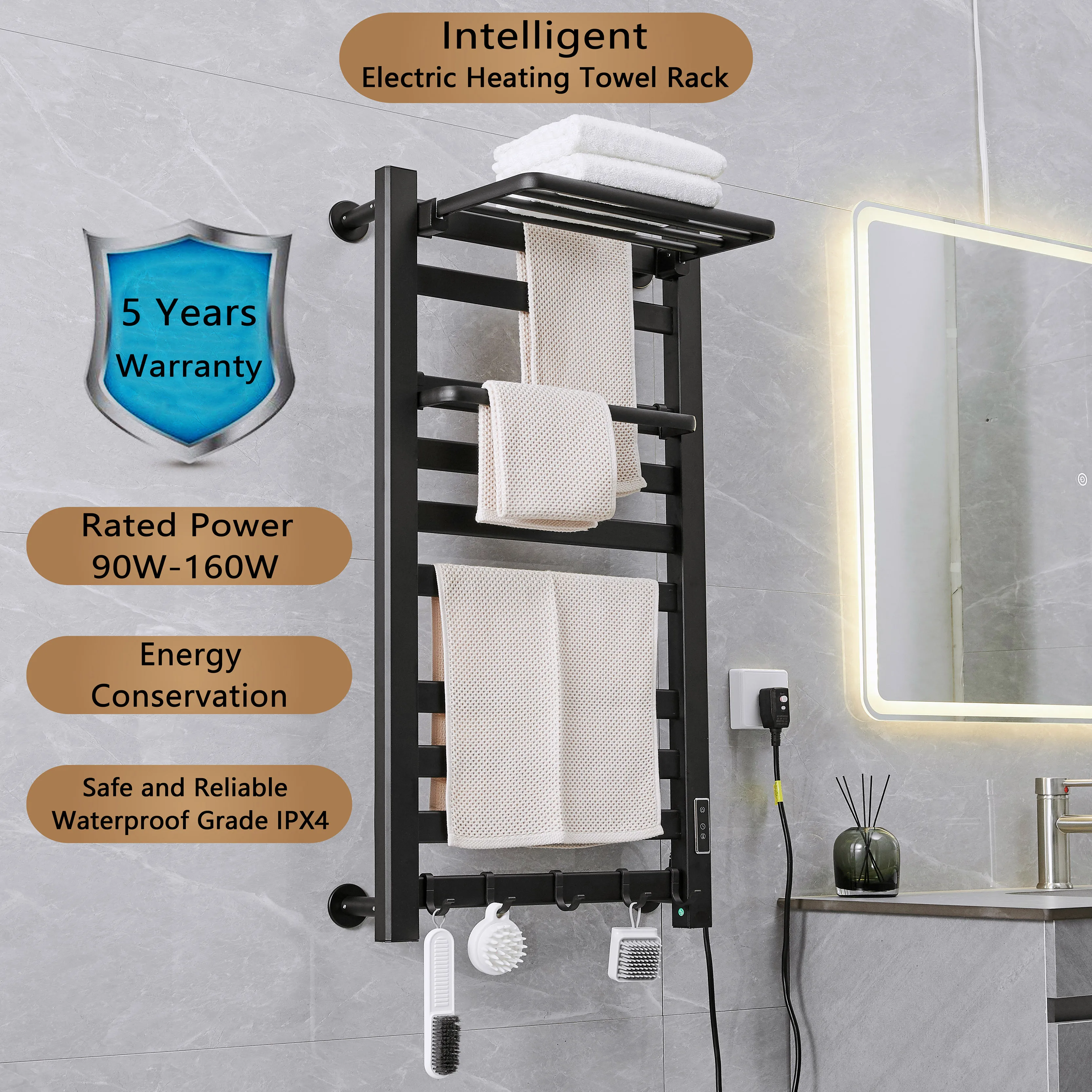 Imagem -03 - Banheiro Inteligente Toalheiro Aquecido Elétrico Preto Trilho de Toalha Elétrica Toalha Térmica Radiador Tela Secadores de Tela de Banho Toalha Aquecida Toalha de Banho Termostática de Aquecimento Elétrico