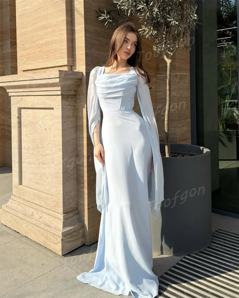 Toofgon Sauqre Collar Chiffon Mermaid Evening Dresses Customized Long Cape Sleeve Special Occasion Party Dress Long Prom Gown