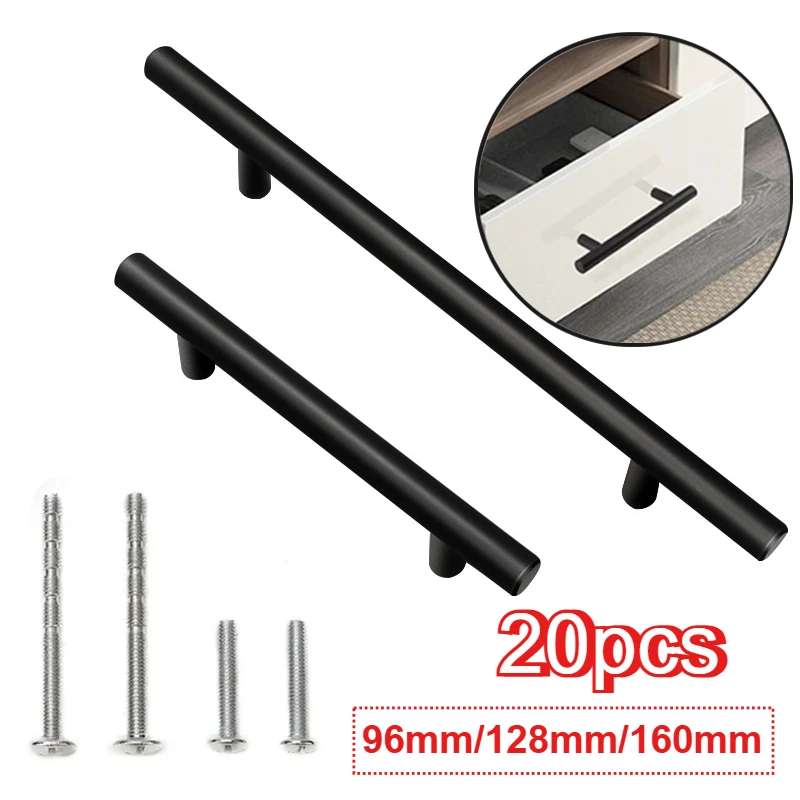 20 PCS Modern Matt Black Stainless Steel Kitchen Door Cabinet T Bar Handle Pull Knob 50/150/200/250mm Hardware Drawer Handles