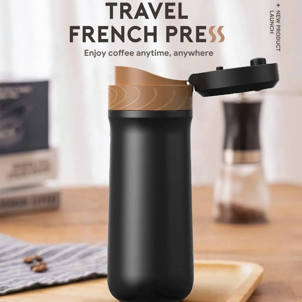2 In 1 12 oz  Portable French Press Coffee Maker for Travel Camping Stainless Steel Vacuum Insulated Coffee Mug Tea Cup