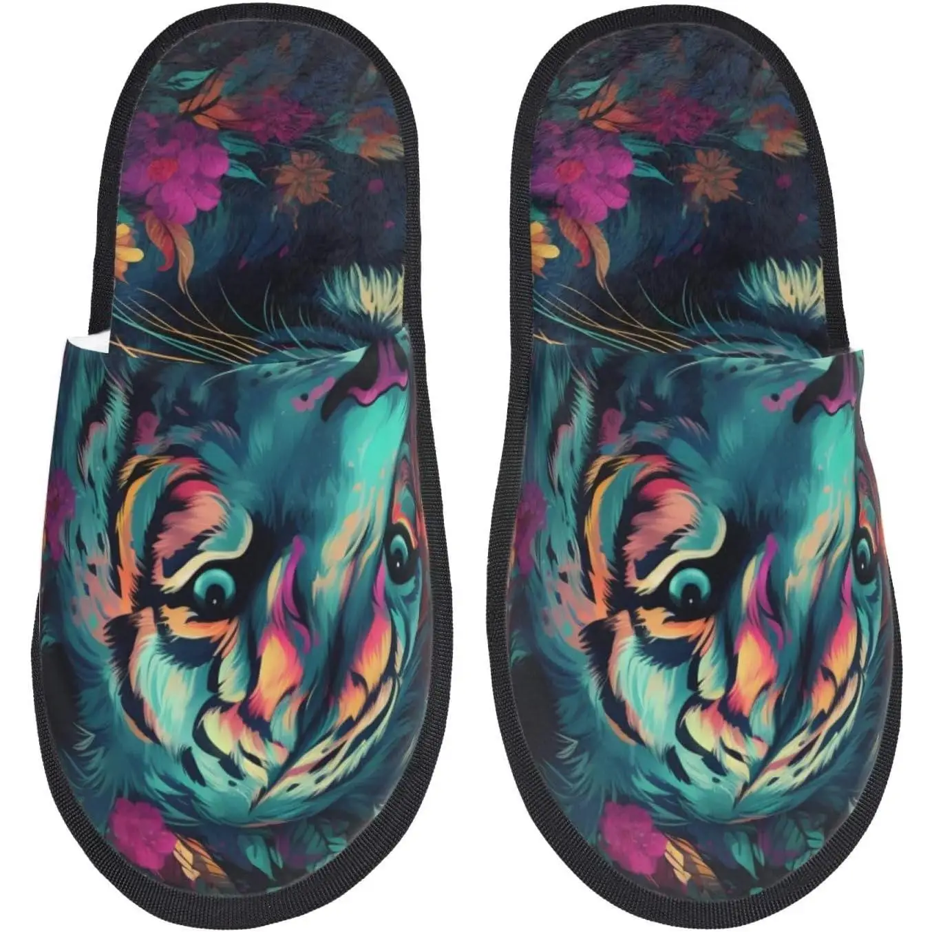 

Colorful Flower Tiger Print Women'S Fuzzy Slip On Indoor Outdoor Winter House Slippers On Indoor Outdoor Plush