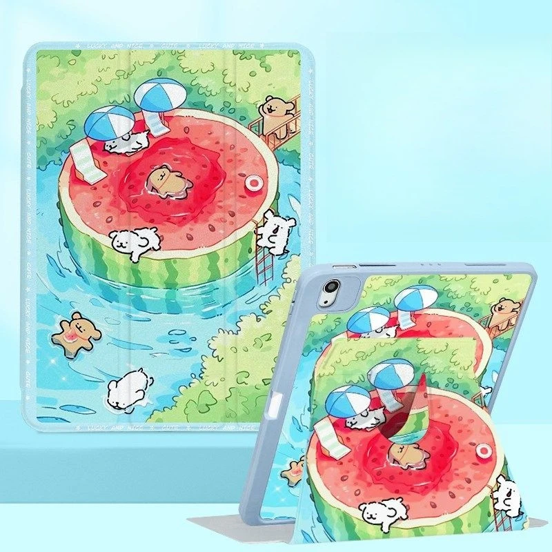 حافظة دوارة على شكل كلب البطيخ لجهاز iPad 2025/Pro 11/10/9/Air 7/6، غطاء خلفي صلب من الأكريليك مع فتحة قلم رصاص وحامل ثلاثي الطي #1