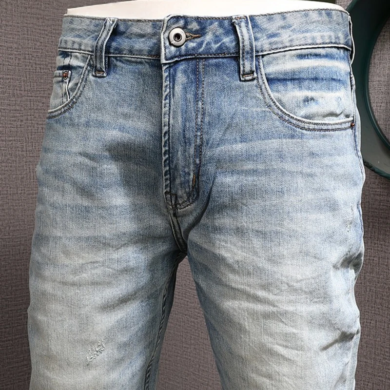 Italian Fashion Men Jeans Retro Light Blue Elastic Slim Ripped Jeans Men Stretch Trousers Vintage Designer Denim Pants Hombre