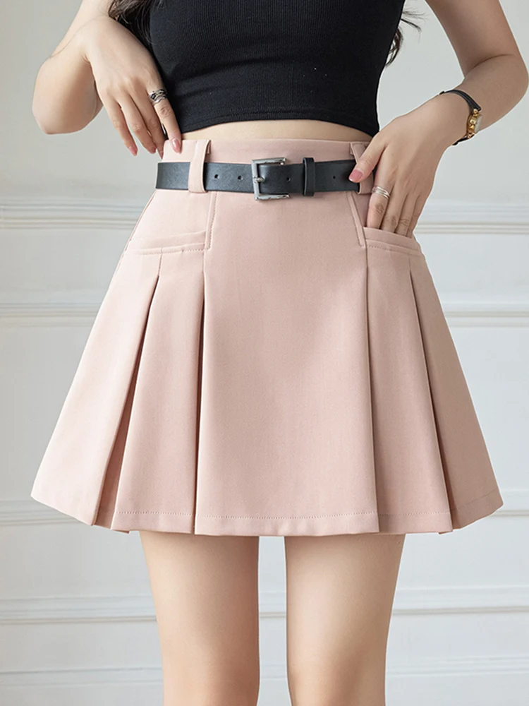 

Preppy Style Students School Womens Short Skirts With Belt High Waist Casual Suit Fabric Mini Pleated Skirt Female