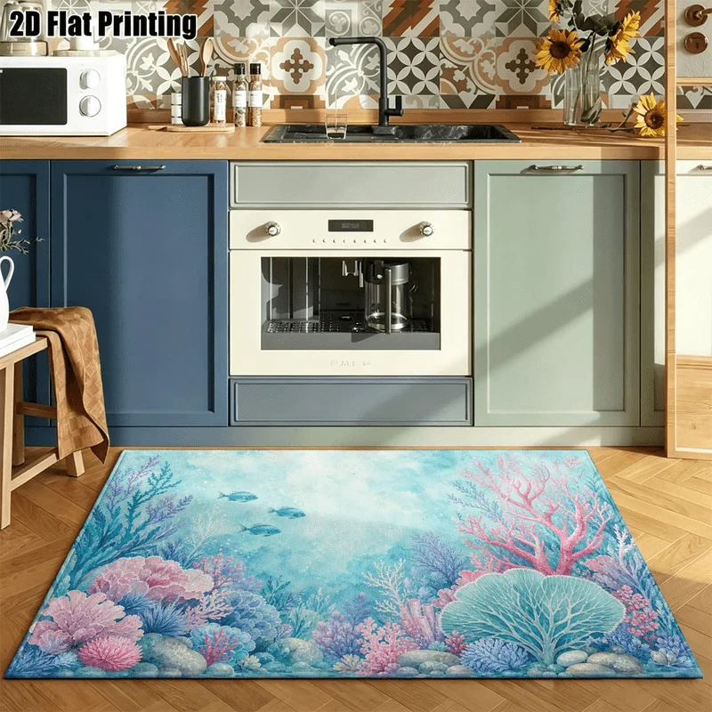 1Pc Morandi Color Scheme Underwater Coral Printed Carpet, Vintage Art Decorative Rug for Living Room, Bedroom, Dining Room, Bedside, Indoor and Outdoor Patio, Home Decor