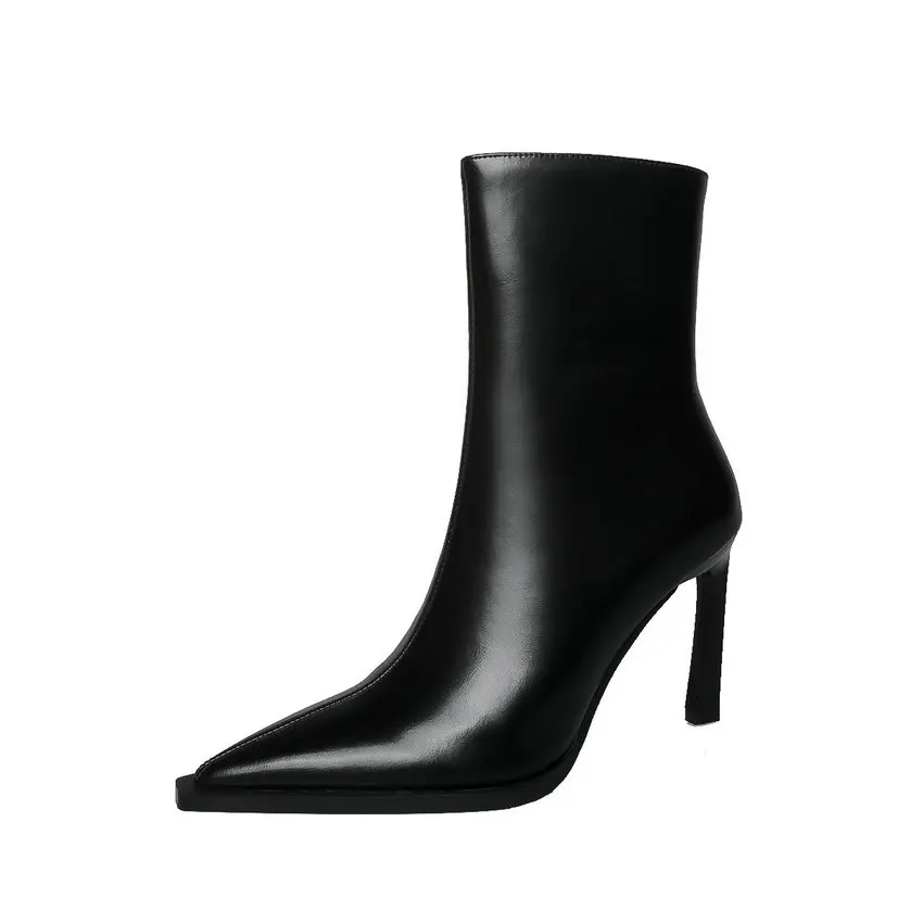 QUTAA 2027 Thin High Heels Women Ankle Boots Autumn Winter Genuine Leather Pointed Toe Shoes Woman Zipper Office Lady Size 34-39