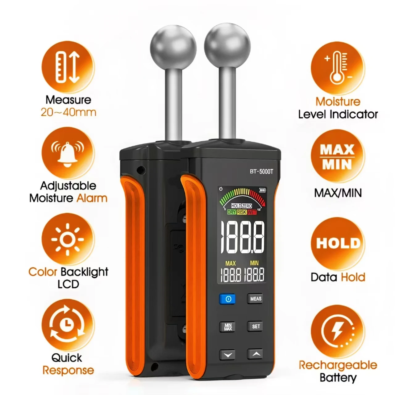 

BTMETER 5000T Moisture Meter - Non-Destructive Digital Tester for Wood, Drywall, Concrete with LCD Alert & Portable Design